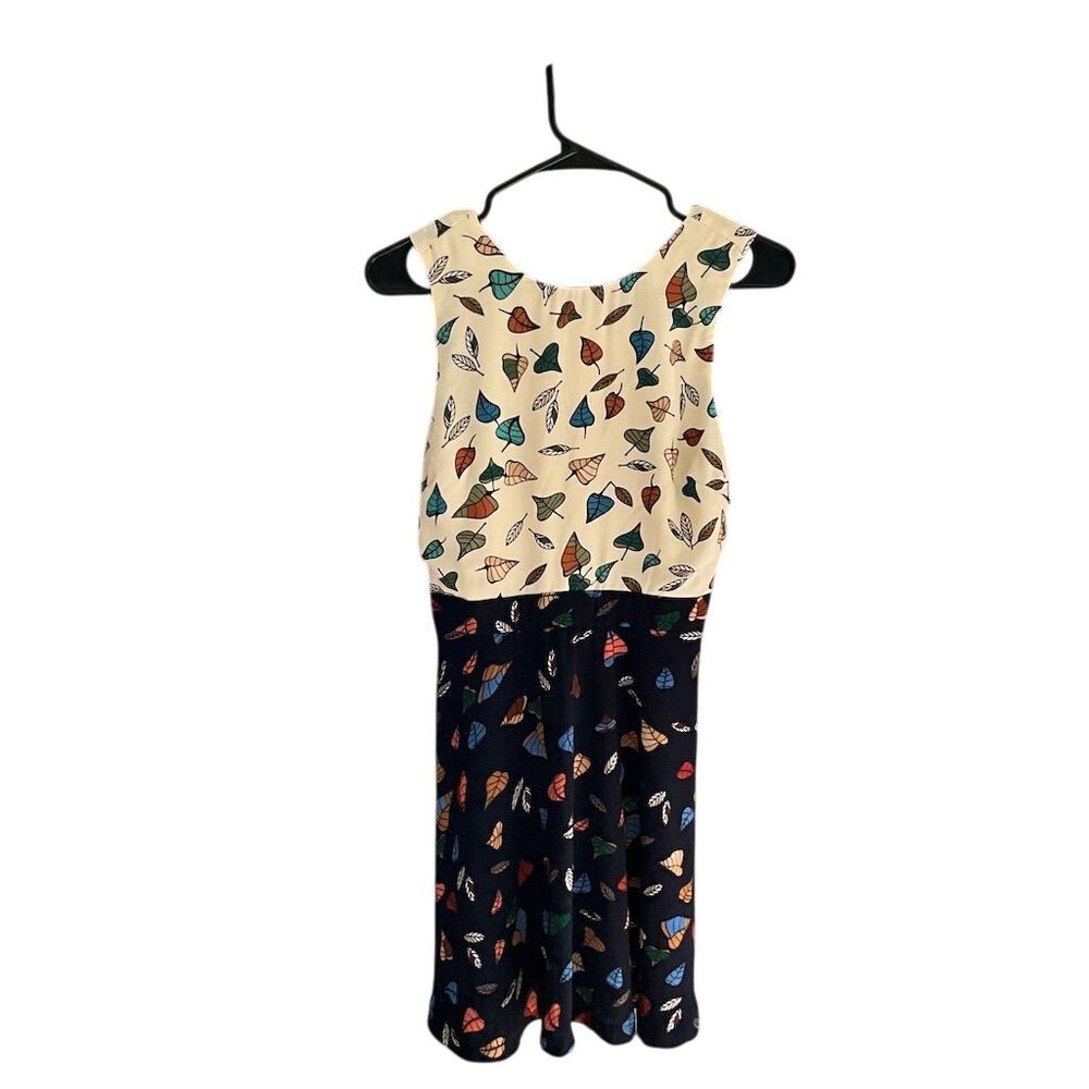 INA Leaf Print Sleeveless Fit and Flare Colorblock Dress Navy Cream IDA70281 S